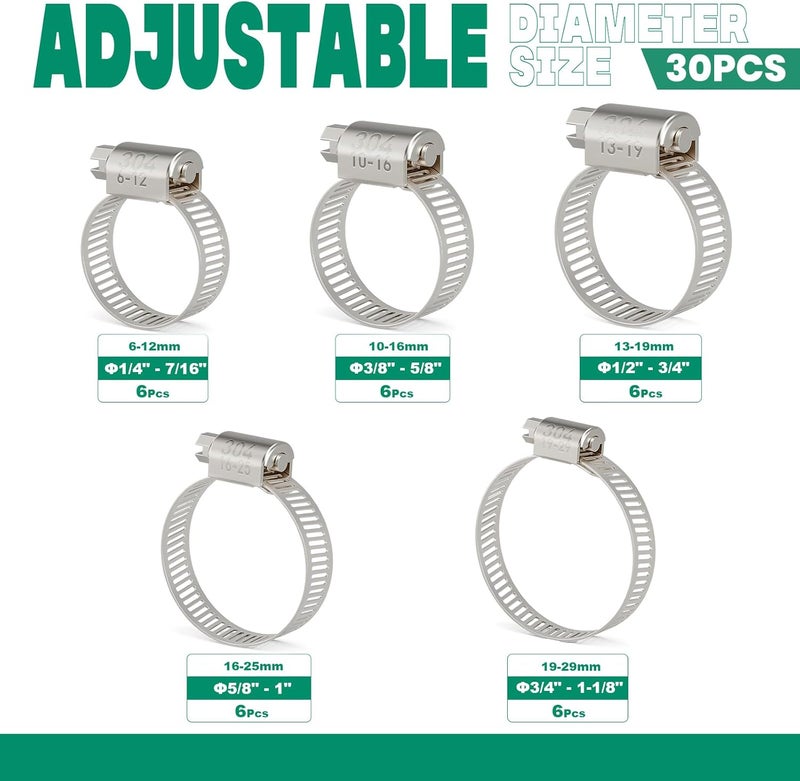 ORU 30PCS Hose Clamps Stainless Steel Assortment Adjustable 1/4"-1-1/8"(6-29mm) Worm Gear Hose Clamp, Heavy Duty Metal Small Hose Clamps for Automotive, Pipe, Radiator Plumbing, Fuel Line - Image 2